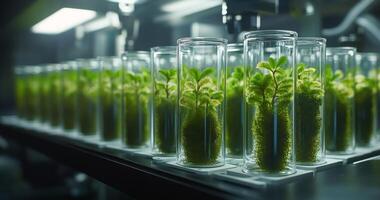 A row of green plants in glass tubes photo
