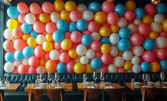 A restaurant with a wall covered in balloons photo