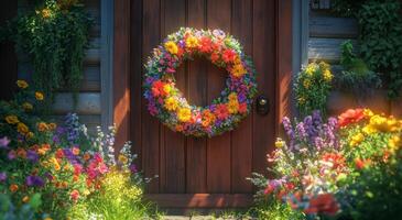 A wreath is placed on a wooden door photo