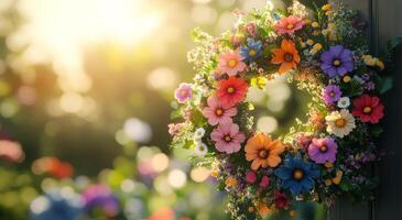 A wreath of flowers is hanging on a door photo