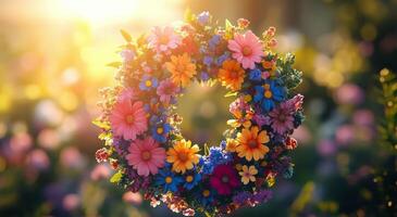A wreath of flowers is shown in the sun photo