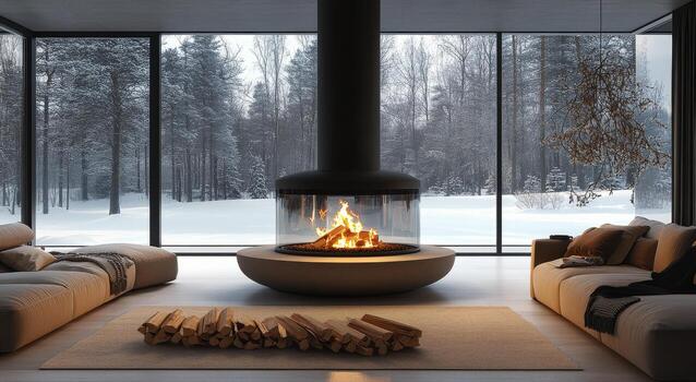 A modern living room with a fireplace and a view of the snow photo