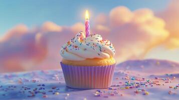 A cupcake with a single candle on top photo