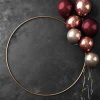 Golden circle frame with red and gold balloons on a dark background 3d rendering photo