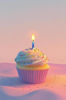 A cupcake with a lit candle on top of a pink background photo
