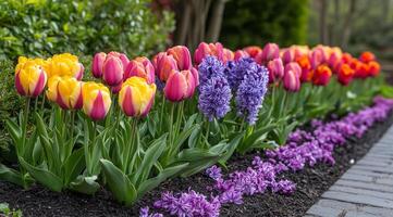 A row of colorful tulips and purple flowers in a flower bed photo