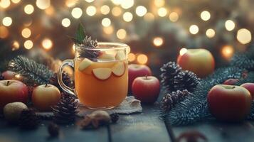 A glass of apple cider with cinnamon and pine cones photo