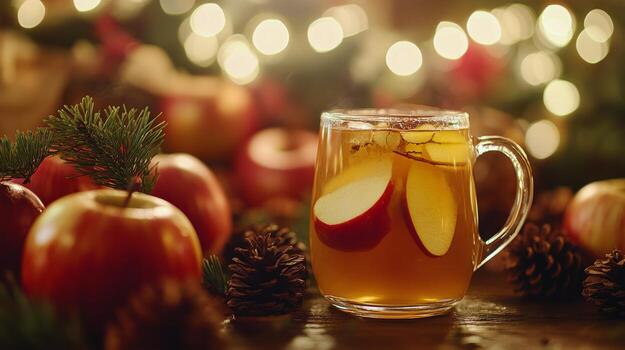A glass of apple cider with a cinnamon stick photo