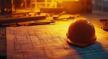 A hard hat sits on top of a blueprint photo