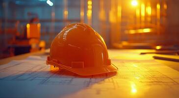 A hard hat sits on top of a blueprint photo