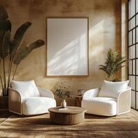Two white chairs and a large blank poster in a room photo