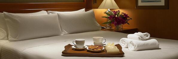 A tray with coffee and a towel on a bed photo