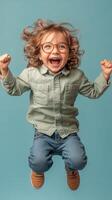 A little girl in glasses and a green shirt is jumping photo