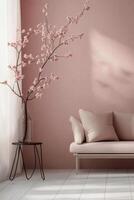 A pink living room with a sofa and a tree photo