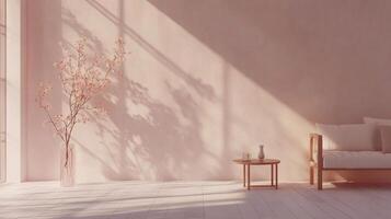 A room with a white couch and a pink wall photo