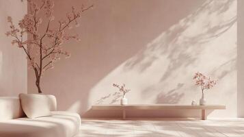 A room with a white couch and a tree photo