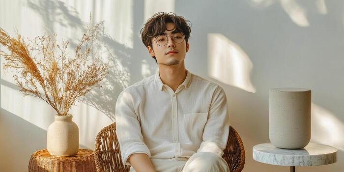 A man sitting on a wicker chair with a vase next to him photo