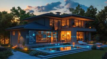 A modern home with a pool and lights photo