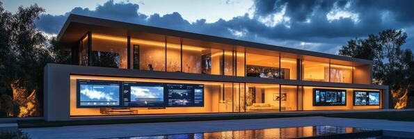 A modern home with a pool and a large screen photo