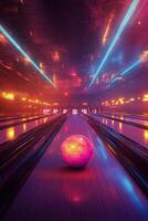 Bowling alley with neon lights and bowling balls photo