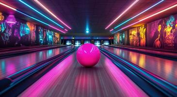 Bowling alley with neon lights and bowling ball photo