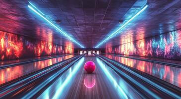 Bowling alley with neon lights and bowling ball photo