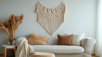 A white couch with pillows and a macrame wall hanging photo