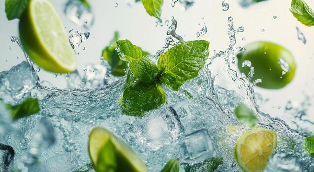 Lime and mint water splash with ice cubes photo