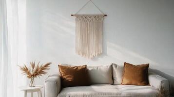A white couch and a white wall hanging photo