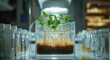 A plant growing in a glass vase on a table photo