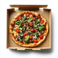 A pizza in a cardboard box on a white background photo