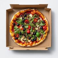 A pizza in a cardboard box on a white surface photo