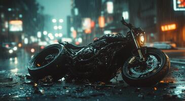 A motorcycle is sitting on the ground in the rain photo