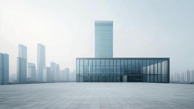 A large building with a large glass window in front of it photo