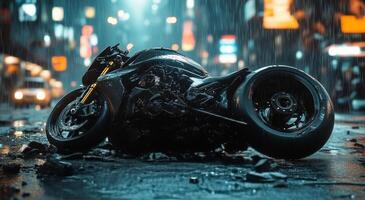 A motorcycle is parked on the street in the rain photo