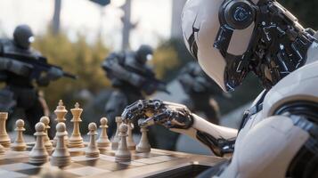 A robot playing chess with other soldiers photo