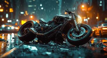 A motorcycle is sitting on the street in the rain photo