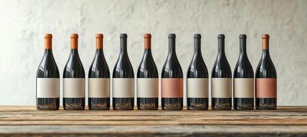 Wine bottles on a wooden table with a white wall photo
