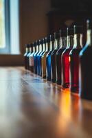 A row of bottles of different colored liquor sitting on a table photo