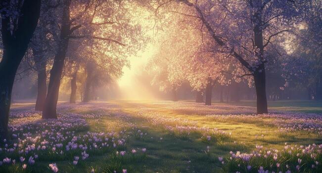 A field with purple flowers and trees photo