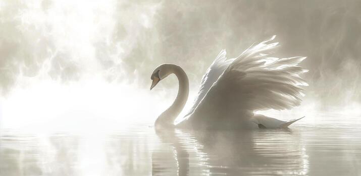 A swan is floating in the water with its wings spread photo