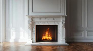 A fireplace in a room with white walls and a fireplace photo