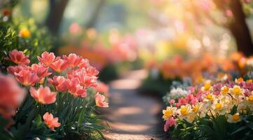 A path through a garden with flowers and trees photo