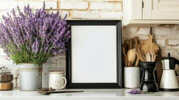 Frame mock up on kitchen counter with lavender flowers photo