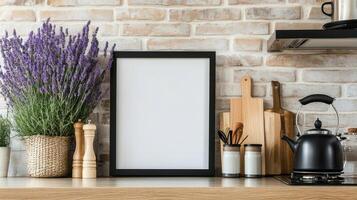 A kitchen with a black frame and a vase of lavender flowers photo