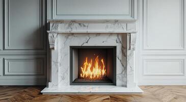 A fireplace with a marble mantle and a wooden floor photo