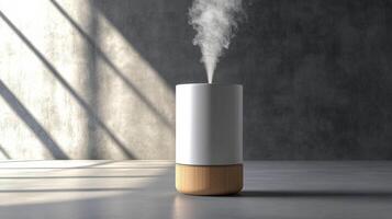 A white and wooden humidifier with smoke coming out of it photo
