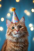 A cat wearing a party hat on a blue background photo