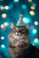 A cat wearing a birthday hat on a blue background photo