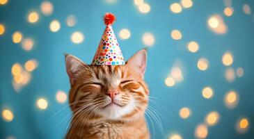A cat wearing a party hat on a blue background photo